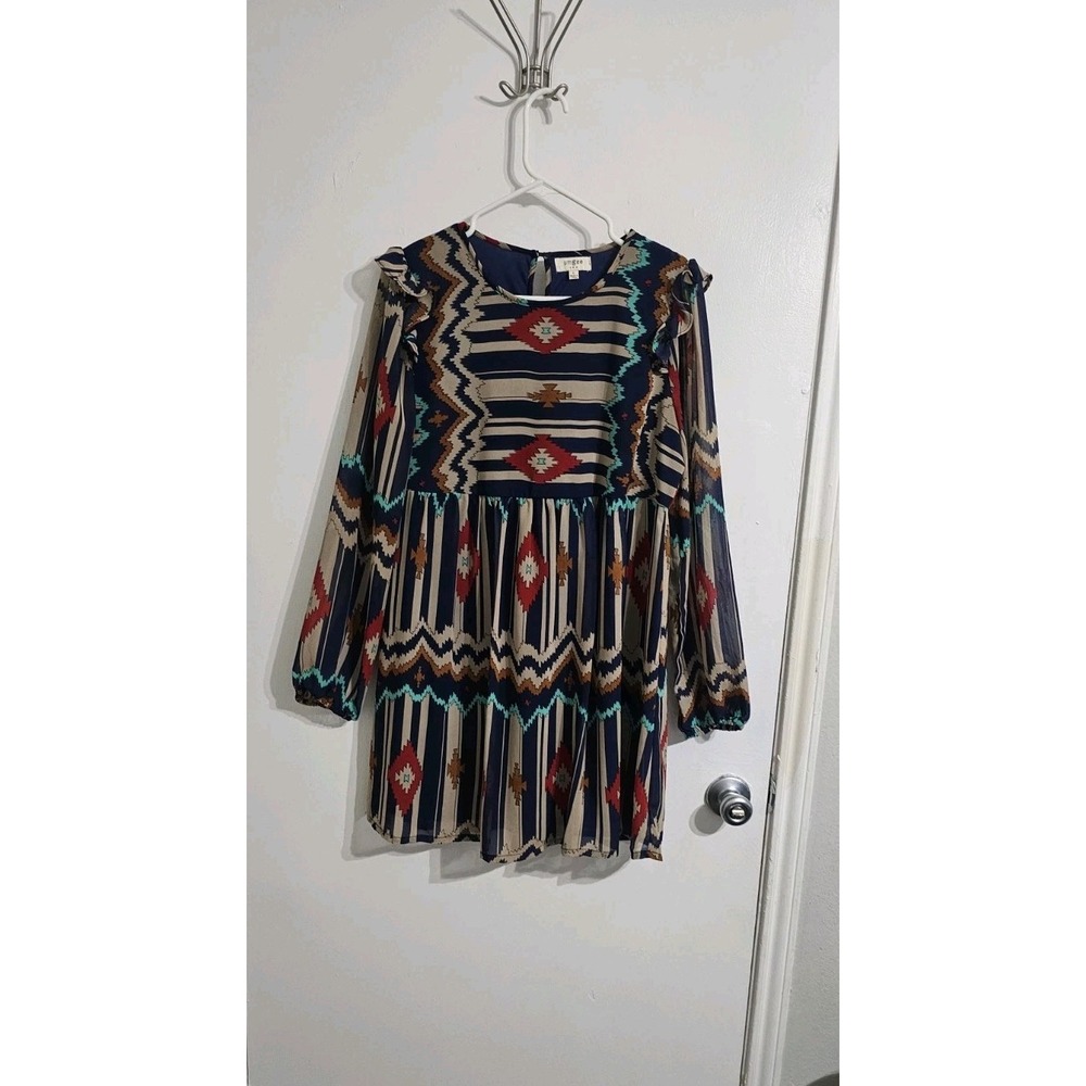 Umgee Womens Triblal‎ Babydoll Dress Sheer Sleeves Sz Large Festive Artsy Aztec